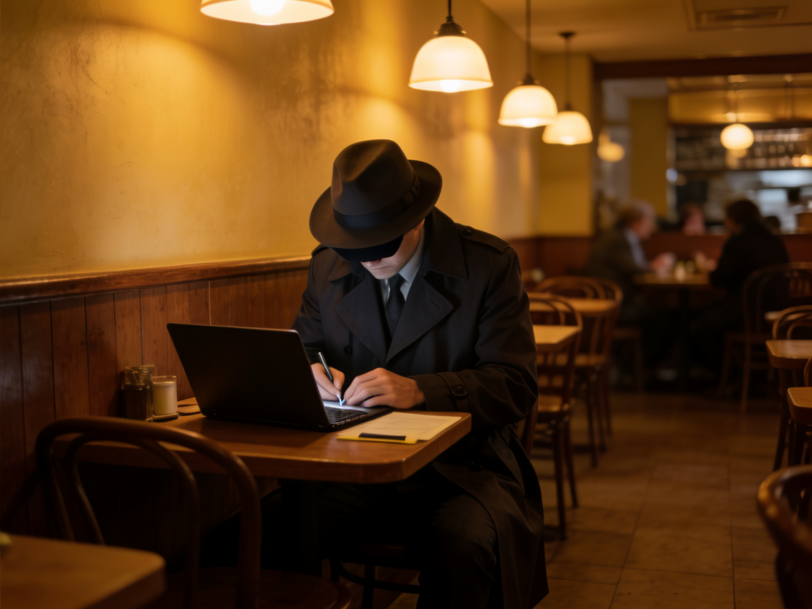 私家侦探在咖啡厅进行隐蔽调查
