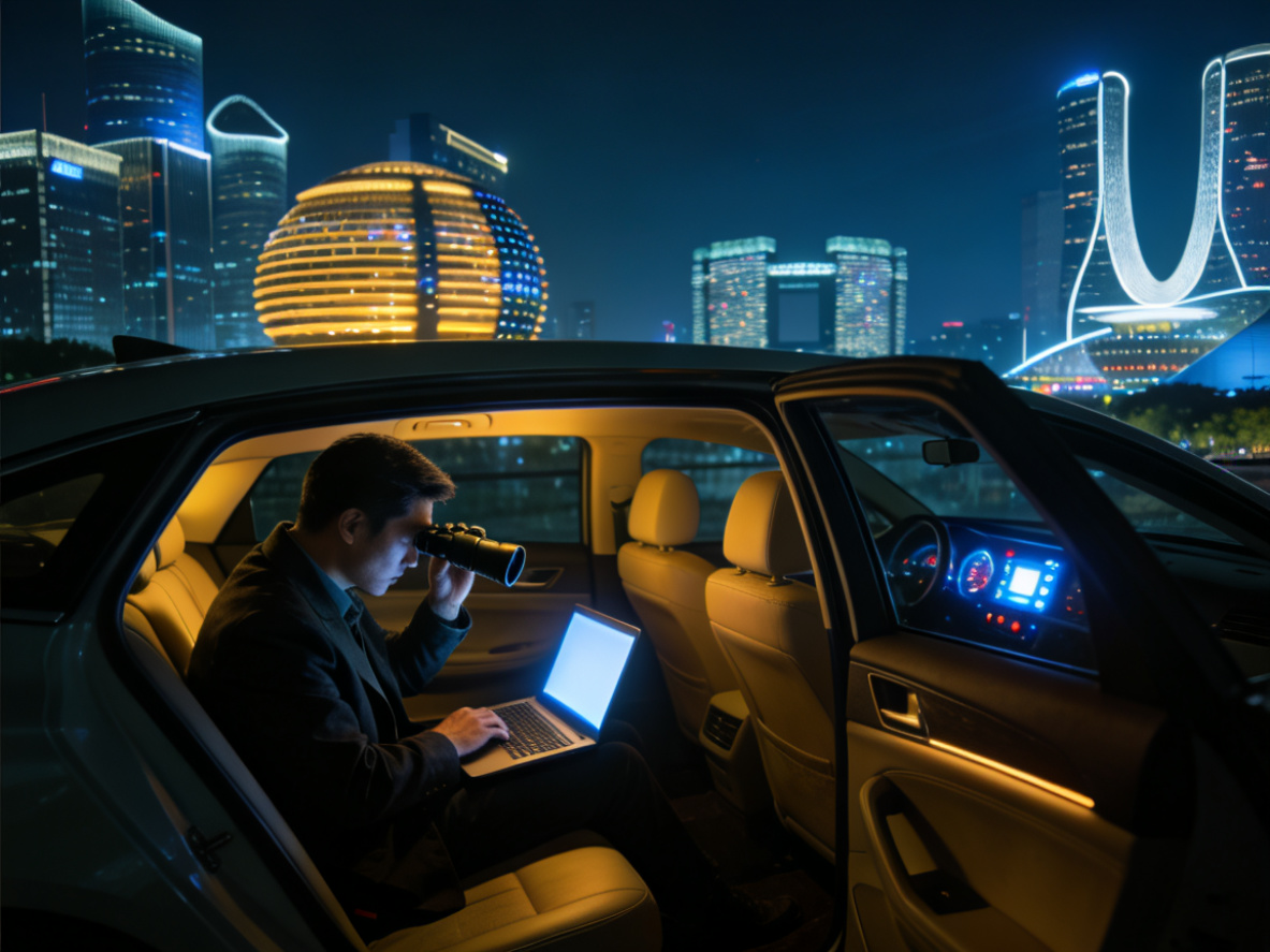 杭州城市夜景中私家侦探进行秘密监控